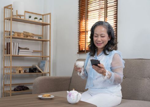 Asian elderly woman relaxing watching social media in living room at home.