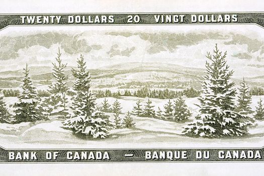 Laurentian hills in winter from old Canadian money - Dollars