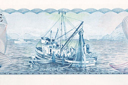 Salmon fishing boat at Vancouver Islands from old Canadian money