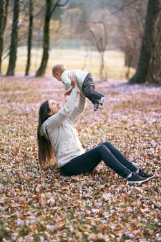 Mom sits on fallen leaves in the park, lifting the baby above her in her arms. High quality photo