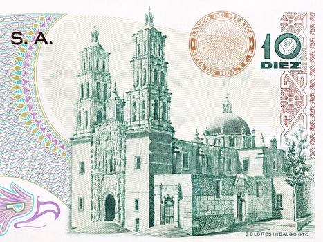 Cathedral in Dolores Hidalgo from old Mexican money - Pesos