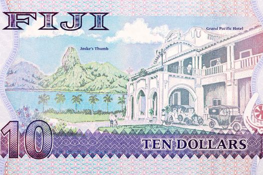 Grand Hotel Pacific, automobile and Joske's Thumb from Fijian money