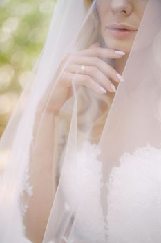 Bride in a white dress, covered with a veil. Portrait. High quality photo