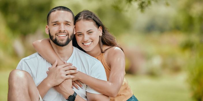 Couple, hug and love together in park, outdoor bonding portrait and happiness with care in nature. Mexican man, woman and happy mockup, relationship and spending quality time with hugging