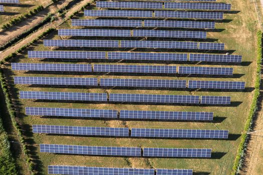 Aerial photographic documentation of a station for the production of electricity from solar panels 