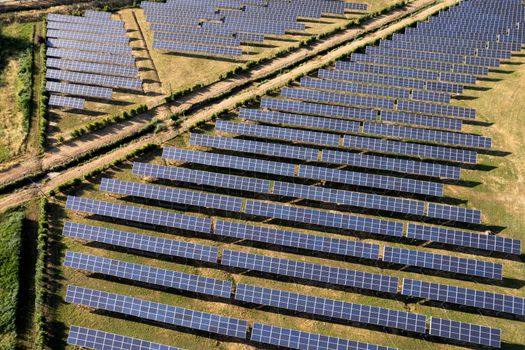 Aerial photographic documentation of a station for the production of electricity from solar panels 