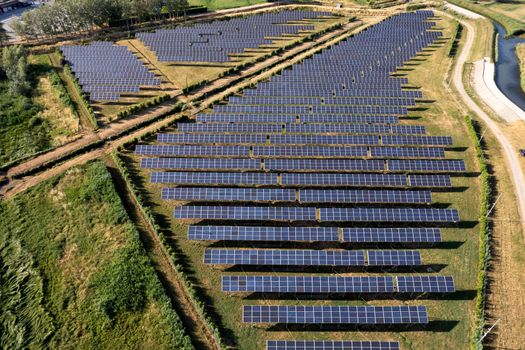 Aerial photographic documentation of a station for the production of electricity from solar panels 