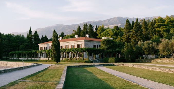 Paved paths in the park near Villa Milocer. Montenegro. High quality photo