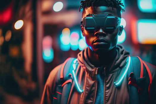 African man wearing virtual reality goggles standing in virtual world background . Concept of virtual reality technology , gaming simulation and metaverse. Peculiar AI generative image.