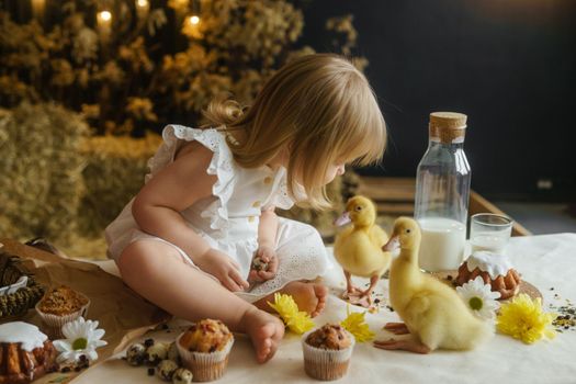 A little girl is sitting on the Easter table and playing with cute fluffy ducklings. The concept of celebrating happy Easter