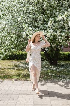 An attractive long-haired woman walks in the spring in the park of blooming apple trees. Spring portrait of a woman