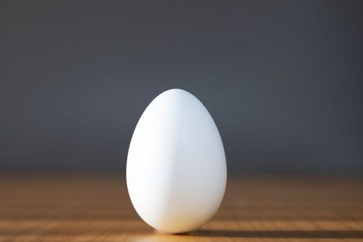 White egg on the gray background in center on wooden table . Design, visual art, minimalism food concept copy space