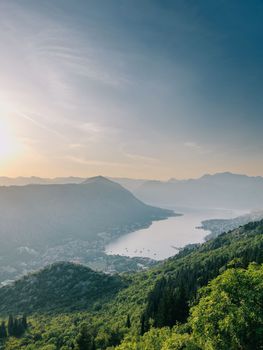 View from Mount Lovcen to the Bay of Kotor surrounded by a ring of mountains at sunset. Montenegro. High quality photo