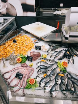 Octopus, tuna, sea bass, seafood, shrimps lie in ice on a shop window. High quality photo