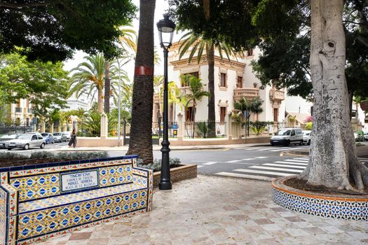 July 30, 2019: Tenerife, Canary Islands, Spain. Colorful tile bench in Los Patos Square in Santa Cruz de Tenerife.