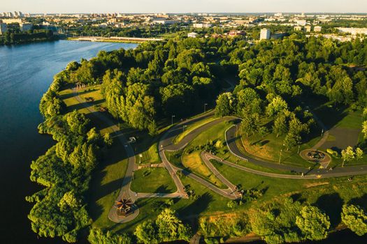 Top view of the city Park in Chizhovka.Recreation Park with bike paths in Minsk.Belarus.