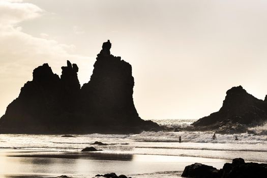 People on the sandy beach of Benijo on the island of Tenerife.Spain.