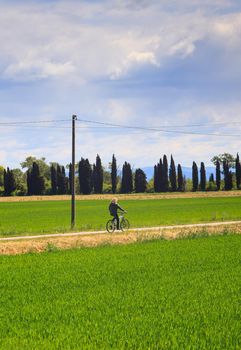 GRADO, ITALY - APRIL, 25: Cyclist riding in the Nature reserve of the Isonzo river mouth on April 25, 2016