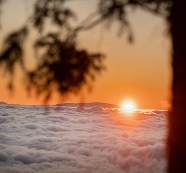 a spectacular sunset above the clouds in the national Park of the volcano Teide on Tenerife. Excellent sunset in the Canary Islands.