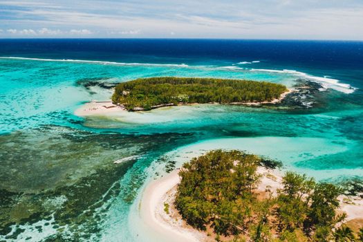 Aerial photography of the East coast of the island of Mauritius. Beautiful lagoon of the island of Mauritius, taken from above.Indian ocean coral reef.