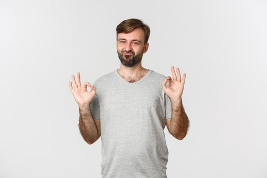 Portrait of satisfied handsome guy with beard, showing okay sign and approve something good, praising choice, standing over white background.