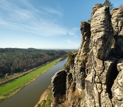 View from the bastei viewpoint of the Elbe river - beautiful landscape scenery of Sandstone mountains in Saxon Switzerland National Park, Germany.