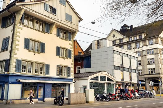 02 April 2019, Zurich.Switzerland. Buildings on the waterfront in the city center of Zurich.