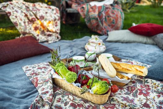 Beautiful picnic spot on the lawn at sunset in Provence.France.