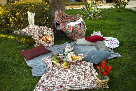 Beautiful picnic spot on the lawn at sunset in Provence.France.