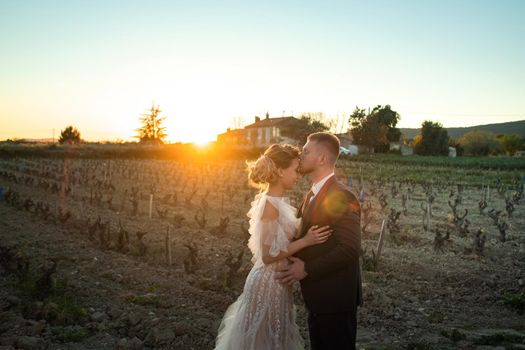 Wedding couple at sunset in France.Wedding in Provence.Wedding photo shoot in France.