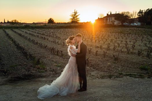 Wedding couple at sunset in France.Wedding in Provence.Wedding photo shoot in France.