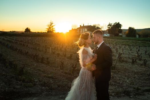 Wedding couple at sunset in France.Wedding in Provence.Wedding photo shoot in France.