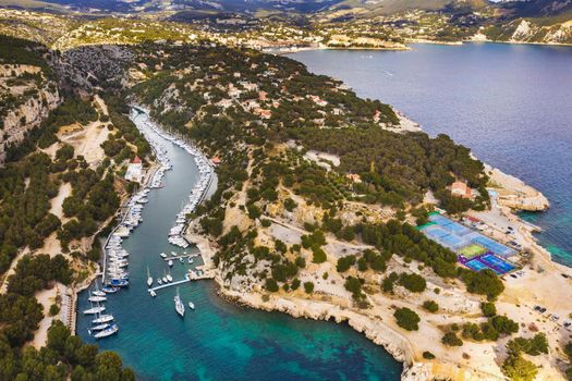 White yachts in Calanque de Port Miou, one of biggest fjords between Marseille and Cassis, France.