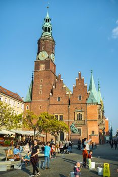 WROCLAW, POLAND-April 8, 2019: View of the Market Square in the Old Town of Wroclaw. Wroclaw is the historical capital of Lower Silesia.