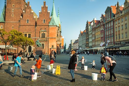 WROCLAW, POLAND-April 8, 2019: View of the Market Square in the Old Town of Wroclaw. Wroclaw is the historical capital of Lower Silesia.