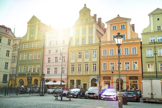 WROCLAW, POLAND-April 8, 2019: View of the Market Square in the Old Town of Wroclaw. Wroclaw is the historical capital of Lower Silesia.