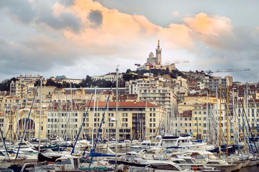 Old port with yachts in the city of Marseille.France.