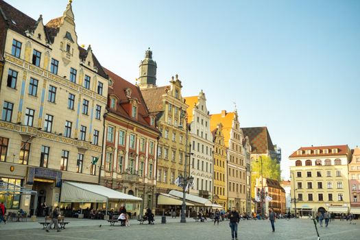 WROCLAW, POLAND-April 8, 2019: View of the Market Square in the Old Town of Wroclaw. Wroclaw is the historical capital of Lower Silesia.