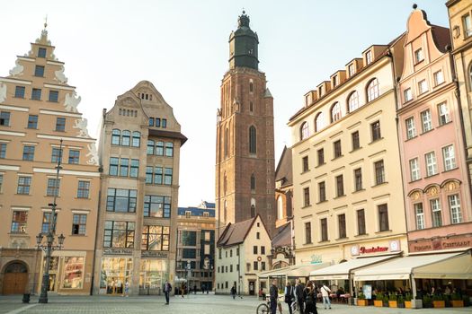 WROCLAW, POLAND-April 8, 2019: View of the Market Square in the Old Town of Wroclaw. Wroclaw is the historical capital of Lower Silesia.