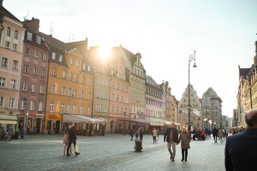 WROCLAW, POLAND-April 8, 2019: View of the Market Square in the Old Town of Wroclaw. Wroclaw is the historical capital of Lower Silesia.