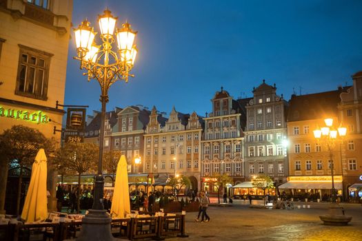 WROCLAW, POLAND-April 8, 2019: Evening View of the Market Square in the Old Town of Wroclaw. Wroclaw-the historical capital of Lower Silesia.