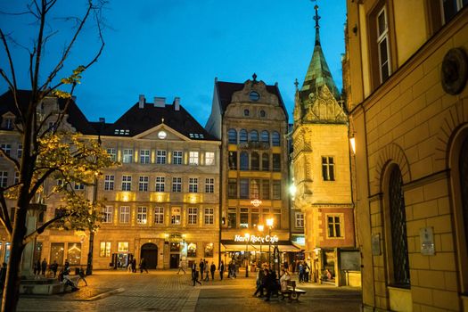 WROCLAW, POLAND-April 8, 2019: Evening View of the Market Square in the Old Town of Wroclaw. Wroclaw-the historical capital of Lower Silesia.