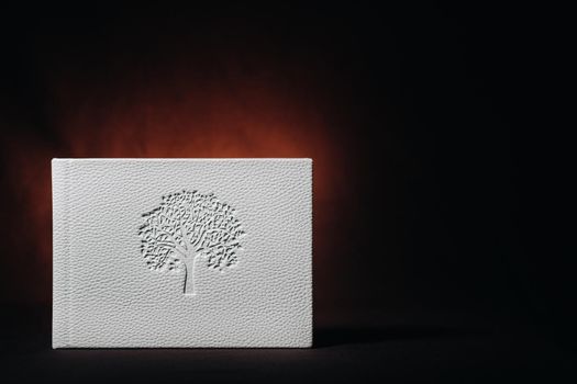 White book in genuine white leather on a dark embossed background . White paper on a dark background