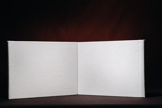 Composition of photo books in natural white leather of different sizes. The white paper on a dark background