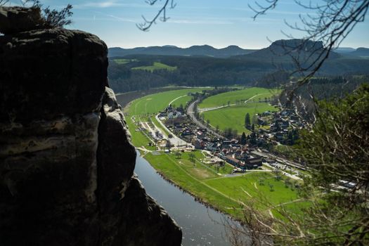 View from the bastei viewpoint of the Elbe river - beautiful landscape scenery of Sandstone mountains in Saxon Switzerland National Park, Germany.