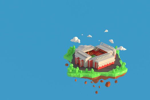 3D illustrator football stadium in Anfield, Liverpool, England. 3d rendering Low Polygon Geometry Background. Abstract Polygonal Geometric Shape. Lowpoly Minimal Style Art.