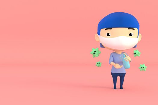 3d illustrator of cartoon characters. A girl wearing a surgical mask. Washing hands with cleaning gel