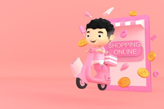 3d illustrator of cartoon characters. The boy drives a motorcycle out of the tablet. Buying items online. Online delivery