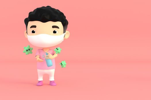 3d illustrator of cartoon characters. A boy washing hands with soap to prevent germs and viruses