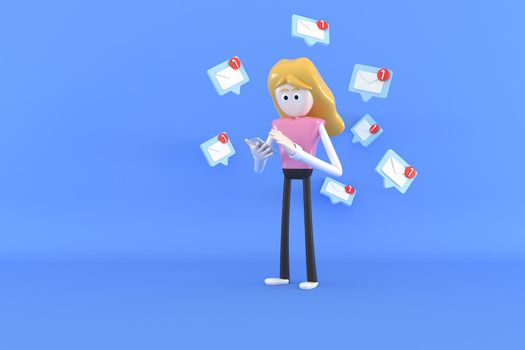 A woman is checking email via mobile phone. 3d illustrator